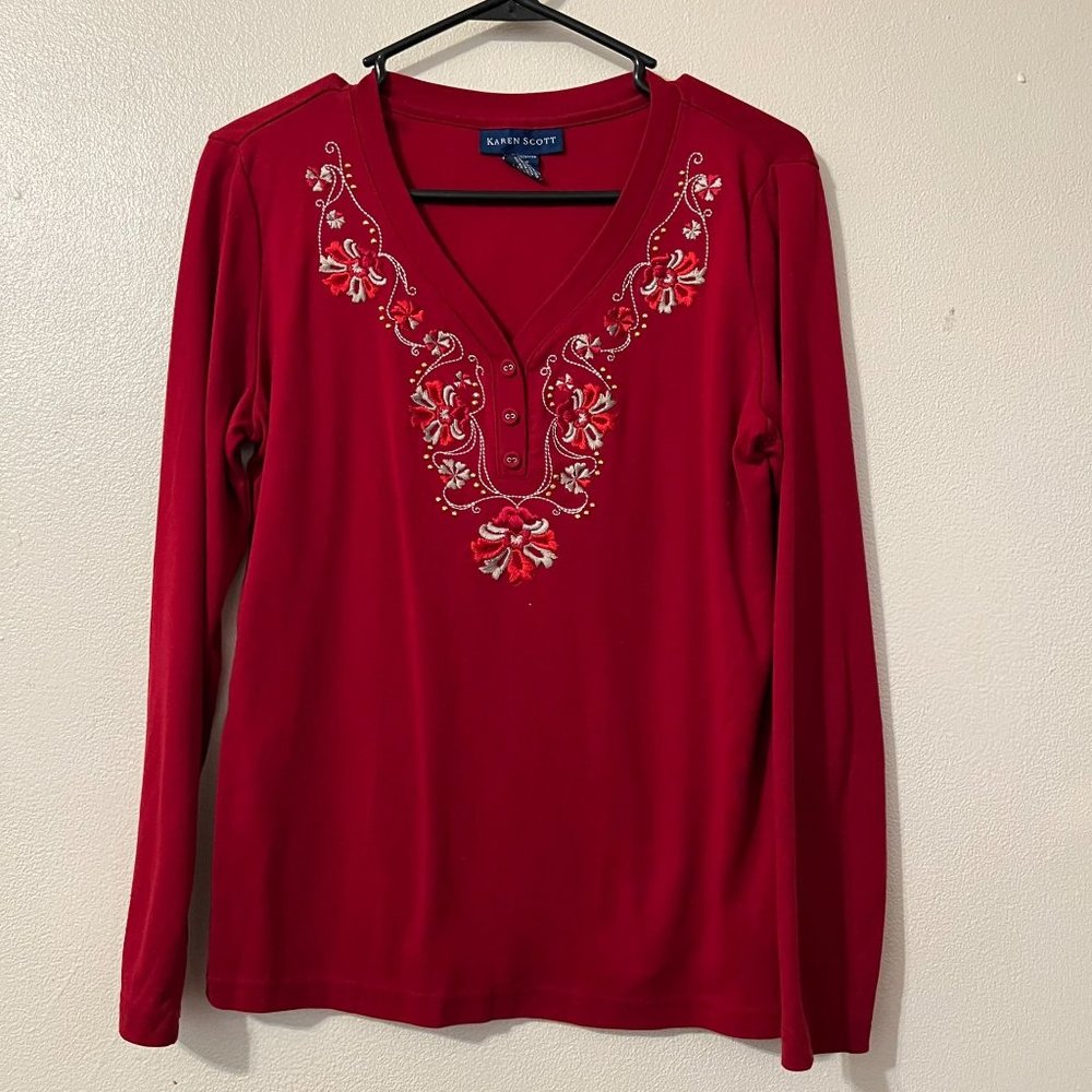 Karen Scott Burgundy beautiful floral embroidery long sleeve sweater